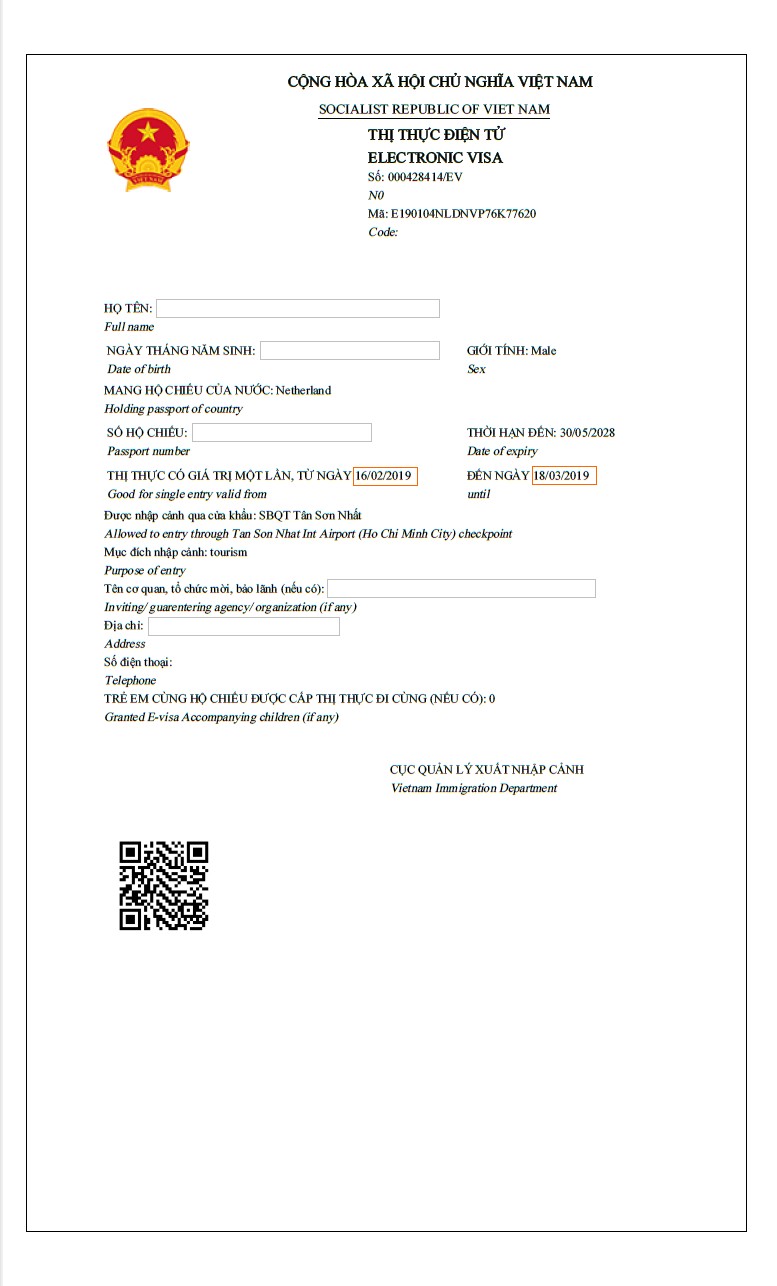 Vietnam e-visa validity in February 2019