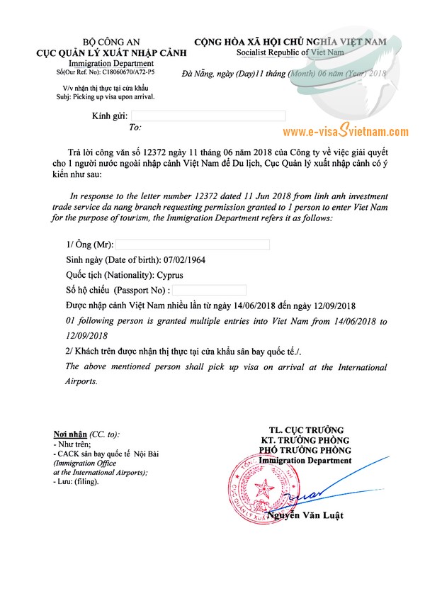 Vietnam visa approval letter for Cyprus passport