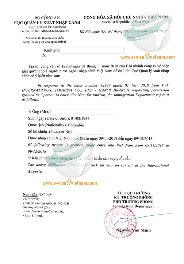 Sample of visa approval letter for Colombia passport