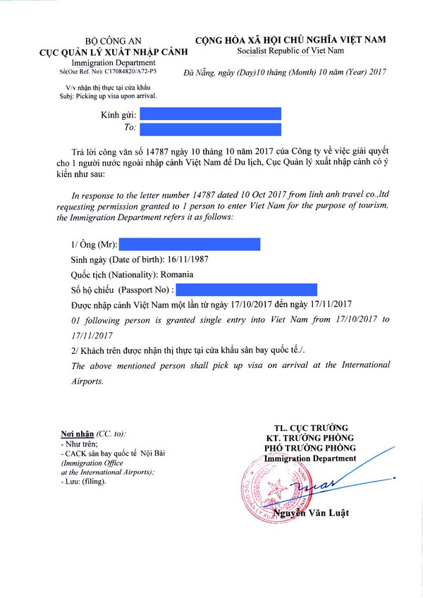 Sample of visa approval letter for Romania passport