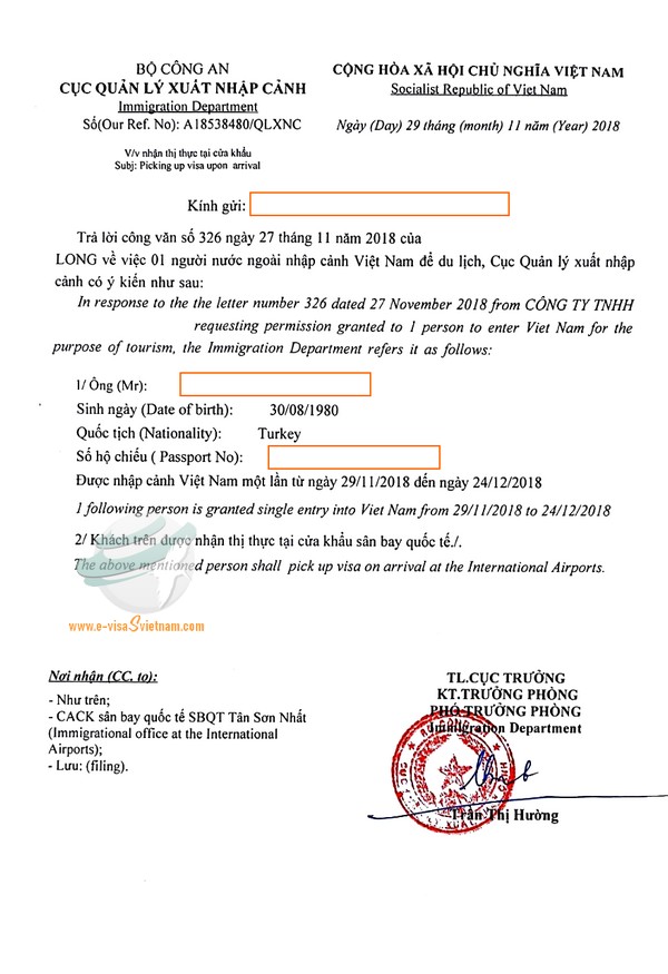 Sample of visa approval letter for Turkey passport